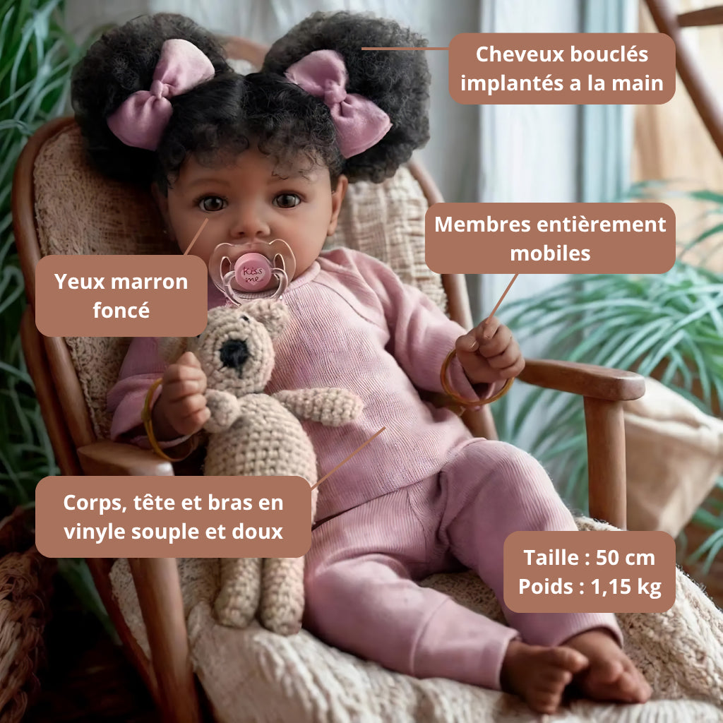 Bébé reborn fille Leila – Cheveux noirs ondulés